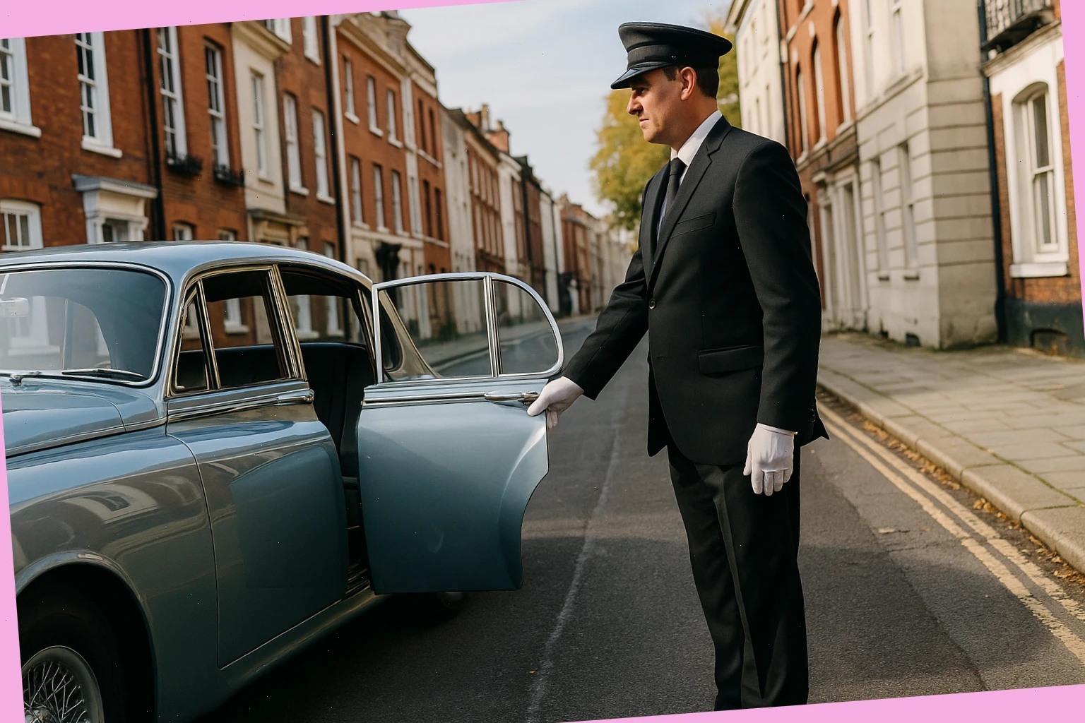 Chauffeur holds door of a classic car on a Southampton street