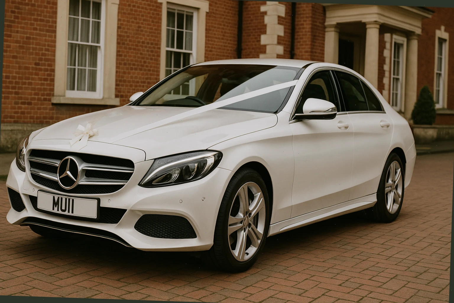 White Mercedes sedan with ribbon for ceremony arrival