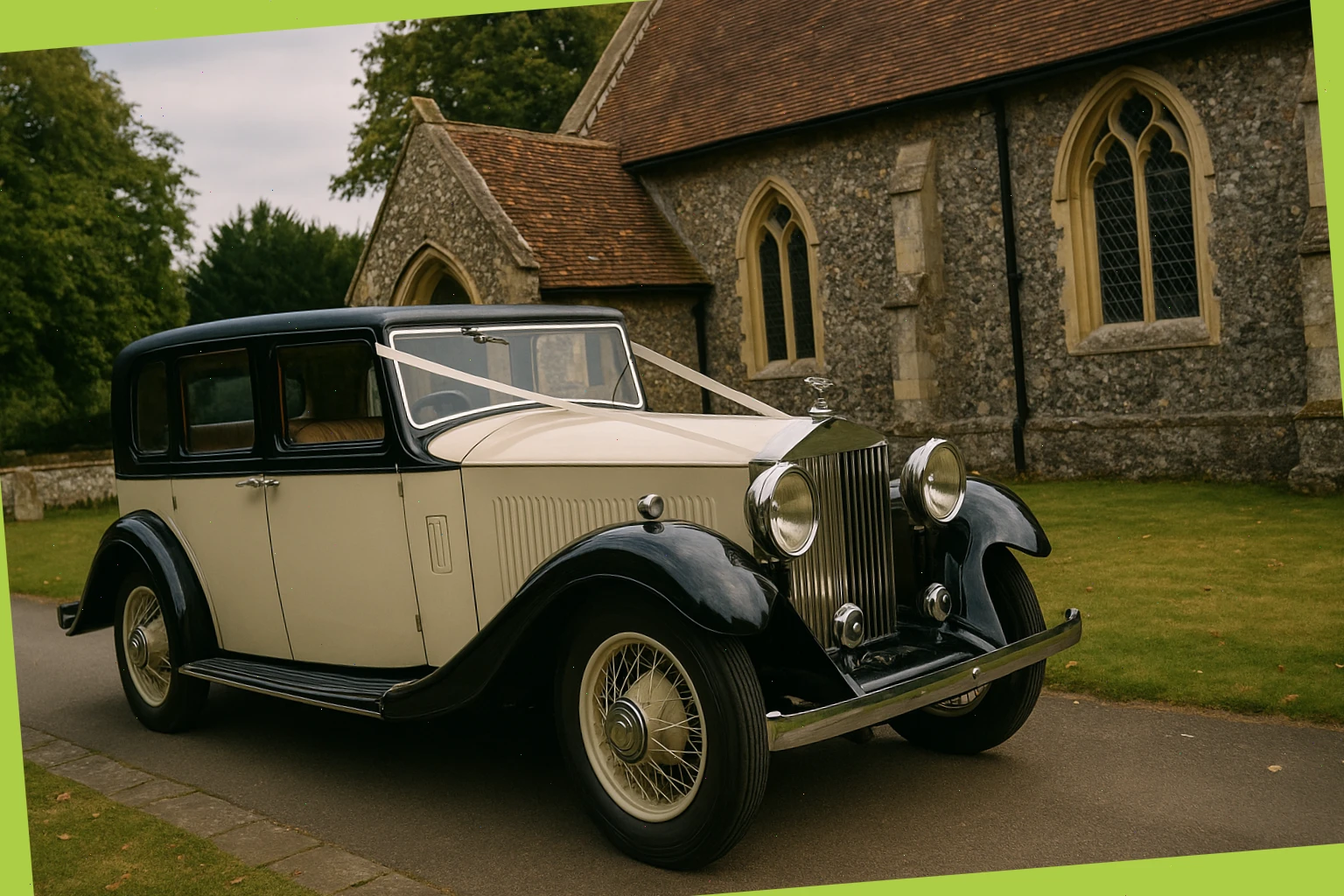 Vintage Rolls-style car parked by a church in Hampshire